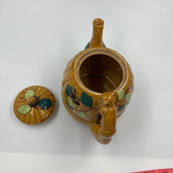 Majolica Pottery Occupied Japan Teapot Acorn Forest Squirrel Handle Ceramic - Picture 14 of 15